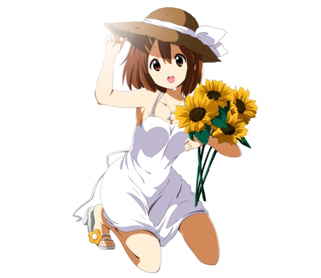 SunFlower - flower, cute, plain, anime girl, girl, sunflower, white, yui, hat, floral, yui hirasawa, hirasawa, sundress, simple, kawaii, anime, dress, kon, k-on, hirasawa yui, female