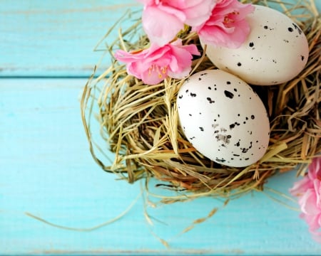 Easter Time - eggs, nest, blue, delicate, easter, pastel, flowers, spring