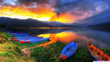 Sunset with boat and lake - sky, lake, mountain, clouds, green, sunset, boat