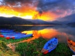 Sunset with boat and lake