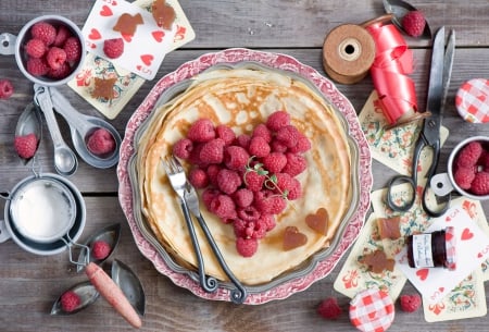 Pancakes - pancake, berry, heart, raspberries, sugar, berries, hearts, raspberry, breakfast, food, pancakes