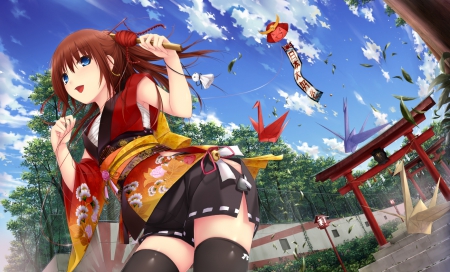 Fun Time - nice, beuatiful, beauty, sky, female, kite, japanese, animegirl, brown hair, pretty, cloud, japan, anime, oriental, origami, kimono, scene, gate, scenic, girl, long hair, playing, lovely, hd, shrine, scenery, sweet, paper crane, smile, happy