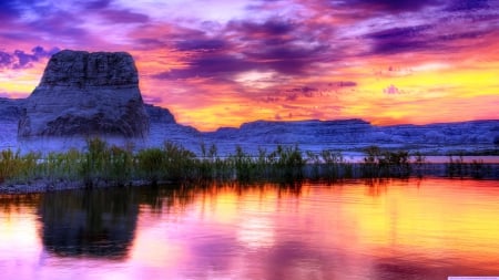 Beautiful Arizona lake - clouds, sunset, lake, colors, big rocks, mountains, forces of nature, sky