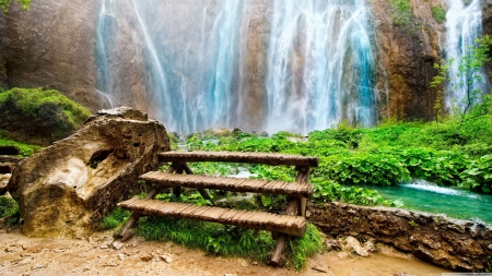 Waterfall - water, nature, waterfall, fishes, forest, mountains, rocks