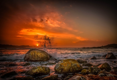 Fiery sunset - summer, amazing, beautiful, sea, lovely, stones, sunset, nature, red, waves, dusk, splash, sky, rocks