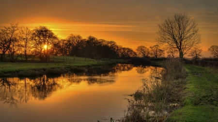 Sunset - trees, sunset, clouds, river