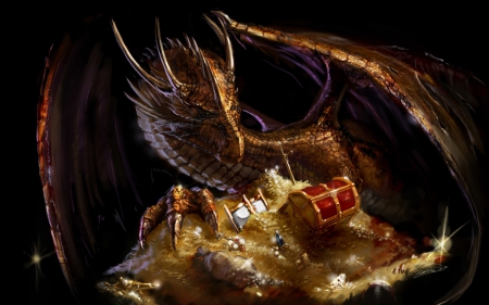 The treasure - treasure, chest, wings, fantasy, black, dark, box, red, creature, dragon, golden