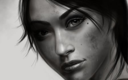 Lara Croft - face, black, game, girl, art, white, fantasy, lara croft, tomb raider, woman