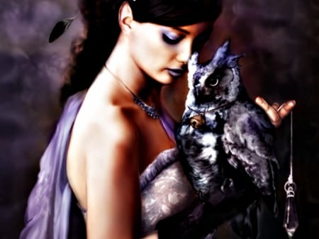 Lady with owl - purple, lady, fantasy, bird, owl, girl, woman, art