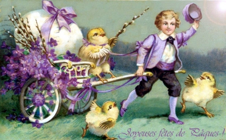 Happy Easter - postcard, cart, boy, chicks, egg, flowers