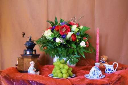 Still Life - blossoms, candle, flowers, porcelain, grapes, coffee mill