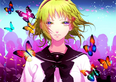 sweet Gumi - vocaloid, butterflies, colors, hair band, gumi megpoid, short hair, gumi, pretty girl, verde hair, cute girl, violet eyes