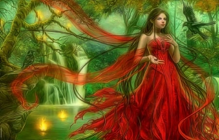 ★Red Witches★ - witches, fantastic, female, creative pre-made, drawings, dark, forests, butterfly designs, red witches, enchanted, paintings, red dress, digital art, weird things people wear, gothic, ravens, fantasy, lady, crows, love four seasons