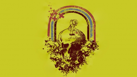 Grateful Life - vintage, graphics, yellow, vector, skull