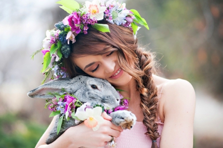 Springtime - flower, cute, beauty, beautiful, flowers, spring, sweet, brunette, girl, easter, rabbit, photography, bunny, woman