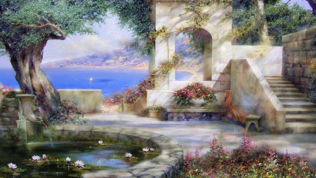 Fantasy Garden - flowers, garden, fantasy, sea