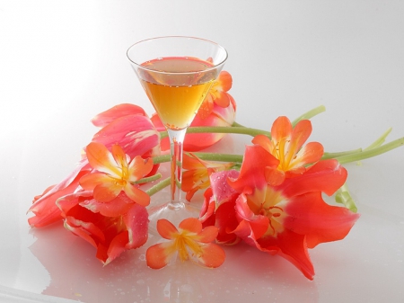 Class - coral, flowers, glass, wine