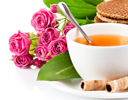 Tea Time - cake, blossoms, roses, still life, cup