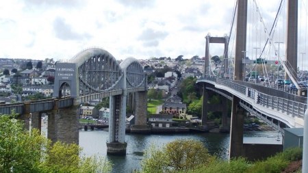 two bridges on the river tamar in england - town, bridges, trees, river