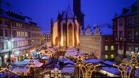 christmas town fair in wuerzburg germany - christmas, square, town, lights, night, church, fair