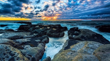 impending storm - storm, rocks, clouds, sunset, sea, shore