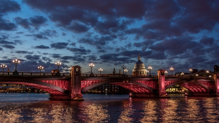 bridge in red lights over the thames - clouds, red, river, city, dusk, bridge, lights