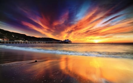 pier under spectacular sunset - beach, pier, sunset, colors, sea