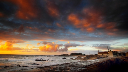 church by the sea - clouds, sunset, coast, sea, church