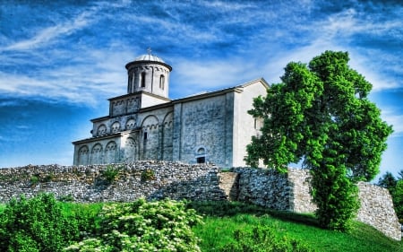 wonderful old church hdr - old, hill, clouds, wall, trees, church, hdr