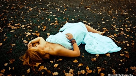 girl artistic - leaves, beauty, lying, outdoor