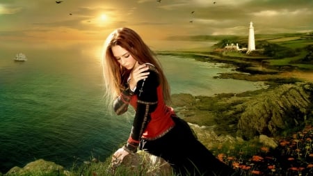 fantasy beauty - woman, sadness, cliff, 3d and cg, wallpaper, sunset, fantasy, sad woman on cliff, abstract, river, wait, new