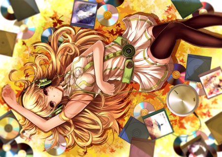 CD - anime, yellow, female, maiden, dress, blonde, lying, blond hair, long hair, blond, hd, gown, anime girl, laying, beautiful, hot, girl, blonde hair, beauty, cd, lady, sexy, lay