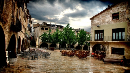 restaurants in a spanish town square - restaurant, chairs, town, clouds, square