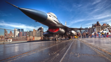 f16 falcon on the intrepid carrier museum hdr - plane, people, carrier, hdr, city, sky