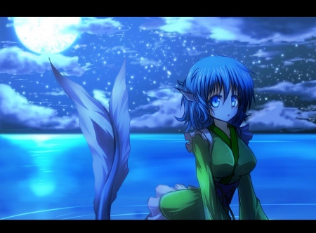 Wakasagihime - moon, blue hair, sea, mermaid