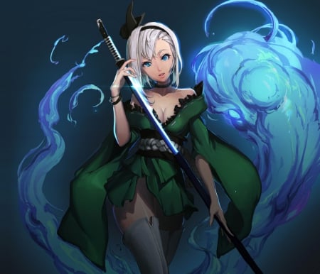 Konpaku Youmu - realistic, konpaku youmu, female, hot, emotional, anime girl, fantasy, blade, spirit, touhou, anime, sword, silver hair, sexy, girl, hd, weapon, serious, white hair, dress