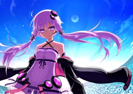 Moonlit Night - nice, sky, female, yukari, twintail, anime girl, pretty, anime, twin tail, purple eyes, scene, moon, girl, twintails, long hair, purple hair, yuzuki yukari, lovely, cg, vocaloids, hd, twin tails, vocaloid, scenery, sweet, dress