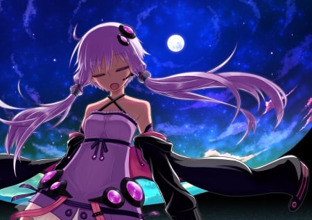 Moonlit Night - pretty, singing, anime, vocaloid, twin tail, female, scenery, twintail, scene, dress, night, long hair, dark, purple eyes, yuzuki yukari, sing, hd, nice, purple hair, sky, moon, twin tails, anime girl, twintails, girl, lovely, sweet, cg, yukari, vocaloids