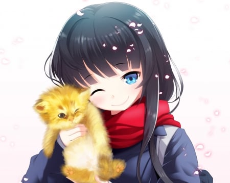 Cute Kitty - pretty, anime, kawaii, female, wink, long hair, happy, kitten, plain, hd, nice, anime girl, girl, simple, lovely, love, sweet, cat, smile, scarf, black hair, adorable, kitty