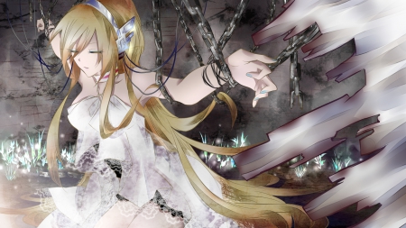 Chains of Destiny - blond hair, lily, maiden, vocaloids, chain, vocaloid, blonde, anime, anime girl, girl, long hair, blond, blonde hair, female, serious, emotional