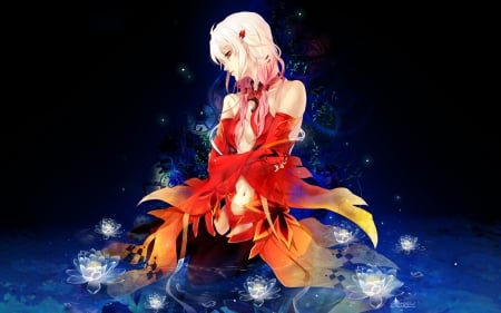 Inori - nice, realistic, beauty, female, hot, magic, emotional, water, anime girl, fantasy, pretty, inori, anime, sexy, girl, light, long hair, pink hair, wet, lovely, guilty crown, hd, glow, lotus, beautiful, sweet, serious, dress, flower