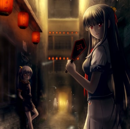 Death Valley - valley, scary, female, creepy, eerie, darkness, black hair, black, animegirl, red eyes, lantern, dark, horror, anime, lamp, house, creep, girl, light, long hair, night, scare