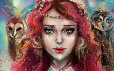 Fantasy girl - woman, princess, redhead, girl, fantasy, bird, art, manulys, owl