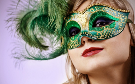 Green mask - make-up, mask, woman, red, green, model, girl, feather