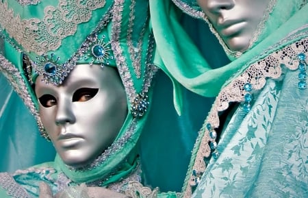 Venice Carnival - hat, jewel, mask, silver, green, venice, woman, face, couple, carnival