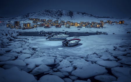 Winter Night - winter, splendor, snow, sea, ocean, boats, frozen, nature, winter night, houses, sky