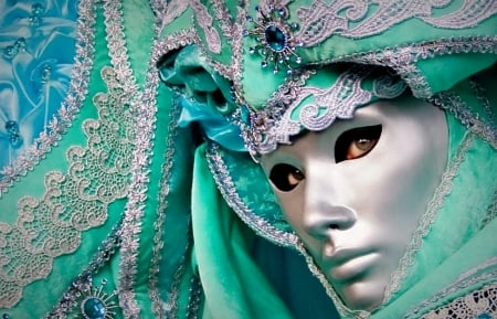 Venice Carnival - mask, silver, green, venice, face, man, jewel, carnival