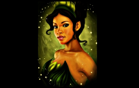 Tiana - woman, princess, girl, black, fantasy, art, disney, green, tiana