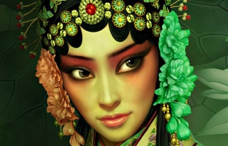 Beauty - tang yuehui, face, make-up, beauty, beijing opera, girl, art, chinese, fantasy, asian, woman, green