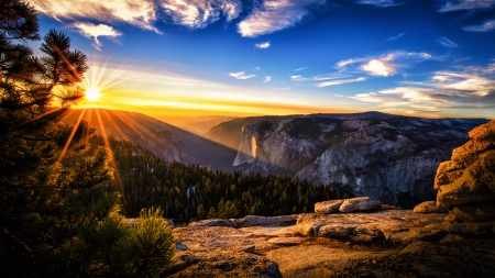 magnificent mountain sunset hdr - mountains, rocks, clouds, sunbeams, trees, sunset, hdr